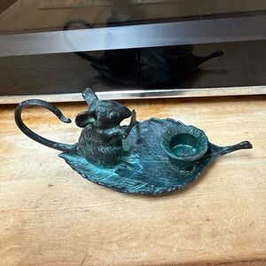 Vintage Bronze Mouse paddling a Leaf Candle Holder